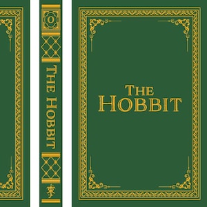 Op de afbeelding: Een boekontwerp voor "The Hobbit" in groen met gouden details. De titel staat in gouden letters. De rug toont de titel verticaal. Decoratieve gouden randen en een drakenillustratie sieren de omslag.