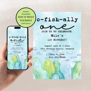 o-fish-ally one First Birthday Party Editable Invitation Template