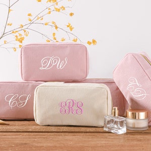 Trousse de maquillage brodée personnalisée, trousse à maquillage personnalisée en velours côtelé, trousse de maquillage à monogramme, cadeaux de demoiselle d'honneur, cadeau EVJF, cadeau de mariage