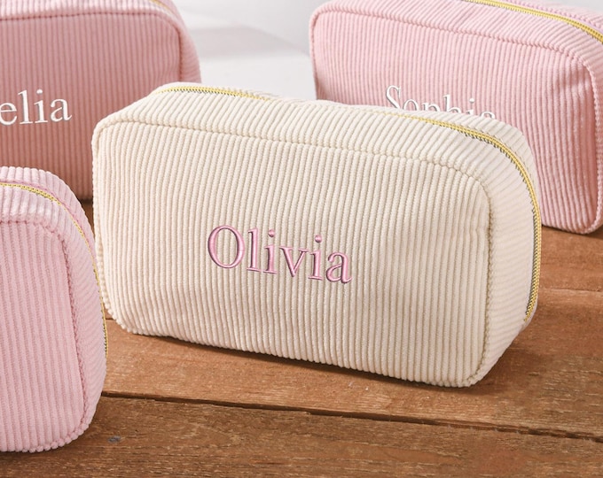 Embroidered Corduroy Makeup Bag,Personalized Embroidered Cosmetic Bag,Monogram Toiletry Makeup Bag,Bridesmaid Gifts,Bachelorette Party Gifts