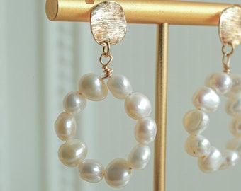 Round Pearl Stud Earrings, Handmade Fresh Water Pearl Earrings, 14k Pearl Earrings, Steel Dangle Earrings, Gift for Her, Gift for Mom