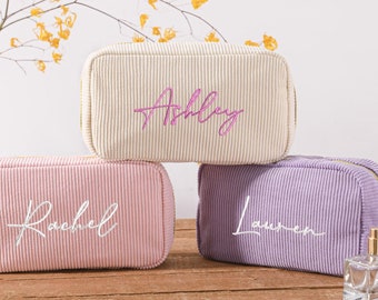 Personalized Corduroy Cosmetic Bag, Embroidered Corduroy Makeup Bag, Monogram Toiletry Makeup Bag, Bridesmaid Gifts,Bachelorette Party Gifts