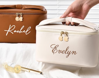 Personalisierte Make-up-Tasche, gestickte Leder-Make-up-Tasche, gestickte Kosmetiktasche, Braut große Make-up-Tasche, Brautjungfer Geschenk, Brautpartygeschenk