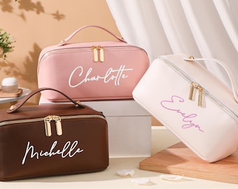 Embroidered Leather Makeup Bag, Large Capacity Cosmetic Bag, Bridal Party Gifts, Bridesmaid Gifts, Makeup Organizer, Bridal Shower Gift