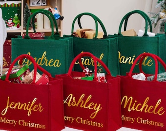 Personalized Christmas Gift Bags,Red Burlap Christmas Gift Bag,Christmas Party Bags,Christmas Sacks,Holiday Party Favors,Christmas Eve Gifts