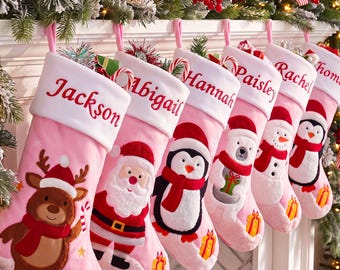Personalized Pink 3D Christmas Stockings,2026 Embroidered Name Family Stocking,Christmas Gift