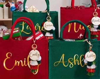 Personalized Christmas Gift Bag & Charm,Red Burlap Gift Bags,Christmas Party Bags,Christmas Sacks,Holiday Party Favors,Christmas Eve Gifts