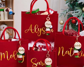 Personalized Red Burlap Christmas Gift Bag,Christmas Burlap Bag,Christmas Party Bag,Christmas Sacks,Holiday Party Favors,Christmas Eve Gifts