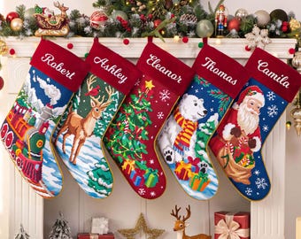 Personalized Vintage Needlepoint Christmas Stockings,2026 Embroidered Name Family Stocking,Christmas Gift