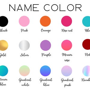 May include: A chart displaying 15 colour options for a name. The colours include black, pink, orange, rose red, blue, gold, silver, purple, mirror rose, red, mirror blue, gradient white, gradient blue, gradient pink, and rainbow.