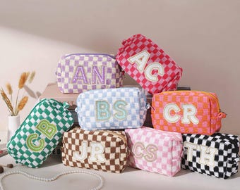 Personalized Checkered Makeup Bag, Embroidered Makeup Bag, Monogram Makeup Bag, Bridesmaid Gifts, Vacation Gift, Bachelorette Party Favors