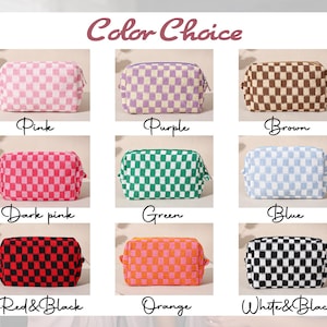 May include: A collection of nine checkered pattern cosmetic bags in various colors, including pink, purple, brown, dark pink, green, blue, red and black, orange, and white and black. Each bag has a zipper closure and is labeled with its color.