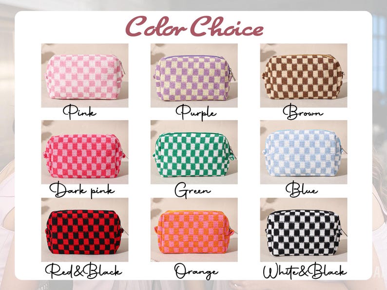 May include: A collection of nine checkered pattern cosmetic bags in various colors, including pink, purple, brown, dark pink, green, blue, red and black, orange, and white and black. Each bag has a zipper closure and is labeled with its color.