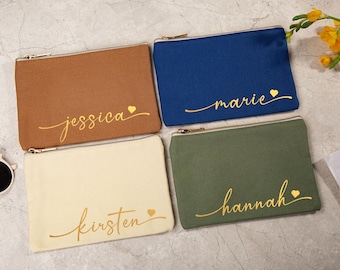 Personalized Canvas Makeup Bag, Name Cosmetic Bag, Bridesmaid Makeup Bags, Holiday Hosting Gift, Bachelorette Party Gifts,Bridesmaid Gifts