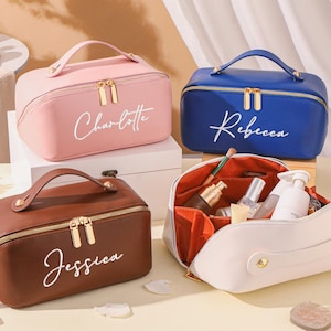 Trousse de maquillage personnalisée, Trousse de maquillage en cuir brodée, Trousse à cosmétiques de grande capacité, Cadeaux de mariage, Cadeaux de demoiselle d'honneur, Cadeaux de shower de mariage