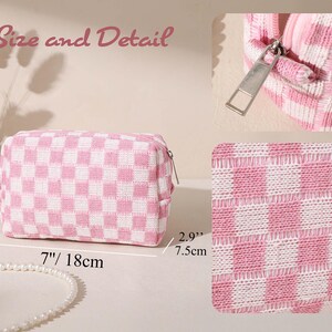 May include: A pink and white checkered cosmetic bag, measuring 7 inches long, 4.3 inches high, and 2.9 inches wide. The bag has a zipper closure and is made of a woven fabric. The words "Size and Detail" are written above the bag.