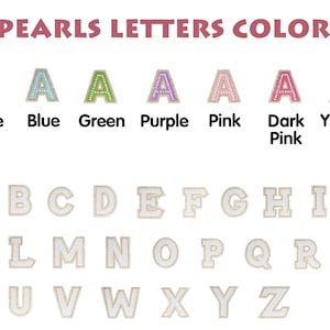 May include: Image featuring the text "PEARLS LETTERS COLOR" above a display of the alphabet. Each letter is white with a pearl-like texture and a gold border. The letters are shown in various colors: white, blue, green, purple, pink, dark pink, and yellow.