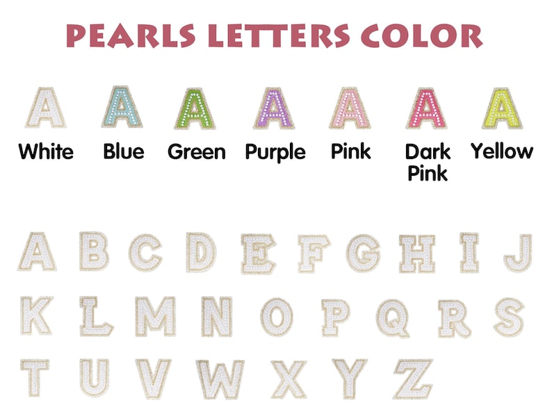 May include: Image featuring the text "PEARLS LETTERS COLOR" above a display of the alphabet. Each letter is white with a pearl-like texture and a gold border. The letters are shown in various colors: white, blue, green, purple, pink, dark pink, and yellow.