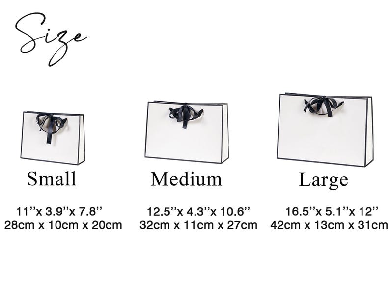 May include: Three white gift bags with black ribbon bows and black trim. The bags are labeled "Small", "Medium", and "Large". The dimensions of each bag are listed in inches and centimeters.