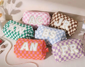 Personalized Checkered Makeup Bag, Initials Makeup Bag, Monogram Makeup Bag, Bridesmaid Gifts, Bachelorette Party Favors, Vacation Gift
