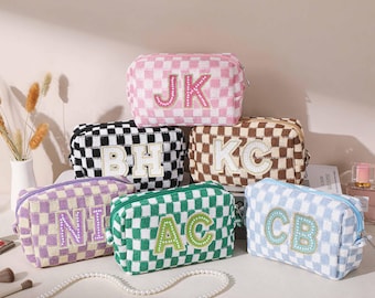 Personalized Checkered Cosmetic Bag, Embroidered Makeup Bag, Monogram Makeup Bag, Bridesmaid Gifts, Vacation Gift, Bachelorette Party Favors