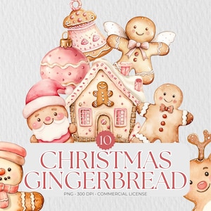 Watercolor Gingerbread Clipart Set | Cute Pink Gingerbread | Christmas Sweets Clipart | Watercolor Christmas Cookie | Gingerbread House PNG