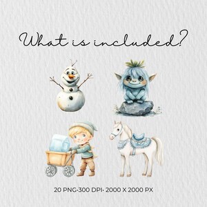 K&ouml;nnte beinhalten: Aquarellillustrationen von Winterfiguren. Enth&auml;lt einen l&auml;chelnden Schneemann, einen blauhaarigen Troll, einen Jungen, der einen Eiswagen schiebt, und ein wei&szlig;es Pferd mit blauem Sattel. Text: "What is included?" und Bilddetails.