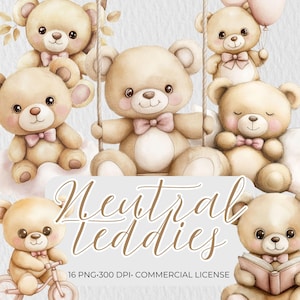 Neutrale aquarel teddybeer clipart | Neutrale babyshower teddybeer | Slapende knuffels, png PNGEgg | Schattige beige pluche beren | Boho-teddybeerset