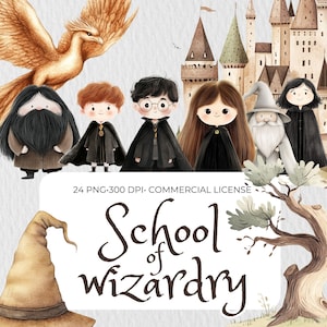 Cute Wizard School Clipart | Escola de Magos em Aquarela | Pacote de Clipart de Bruxa Fofa | Bruxa PNG | Pequenos Bruxos | Festa de Aniversário Infantil