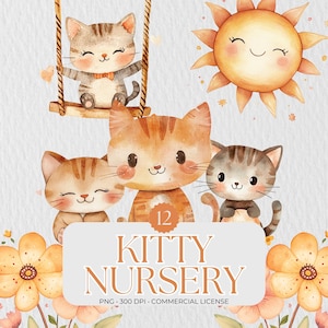 Lindo gatito para guardería / Paquete de imágenes prediseñadas de gatos en acuarela / Lindos gatos PNG / Fiesta de cumpleaños de niños con gatos / Decoración de gatitos en acuarela / Gato de dibujos animados