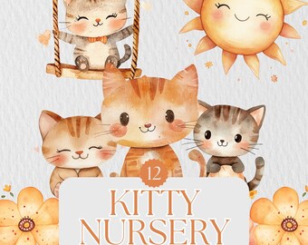 Aquarell Kätzchen Clipart Set: Kinderzimmer Deko (PNG)
