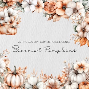 Autumn Floral Watercolor Clipart, Pumpkin Clipart Bundle, Terracotta Flowers Clipart PNG, Cozy Fall PNG, Fall Flowers Watercolor Clipart