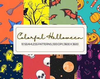 Colorful Halloween Seamless Pattern Bundle: Ghosts, Pumpkins (JPEG Files)