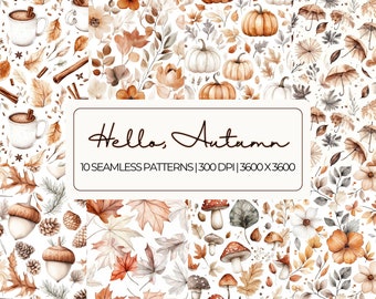 May include: Ten seamless digital paper patterns featuring autumnal elements like pumpkins, leaves, mushrooms, acorns, and cinnamon sticks. The patterns are in watercolor style with a white background.