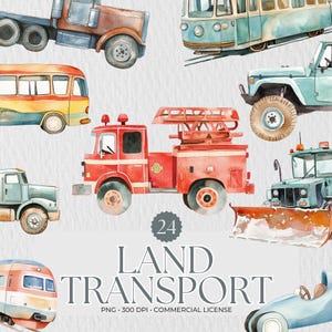 Transport Clipart Bundle | Watercolor Vehicle Illustrations | Cars Nursery Art | Trucks Nursery Art Watercolor | Pickup Truck PNG | Cars PNG