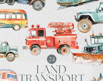 Aquarell Transport Clipart: 24 Fahrzeug Illustrationen (PNG)