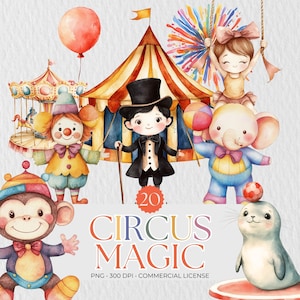 Circus Nursery Clipart | Circus Animals Watercolor Clipart | Showstar Clipart PNG | Baby Nursery Art | Watercolor Carnival Commercial Use