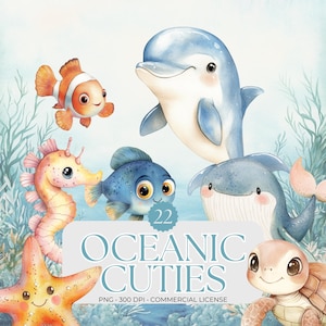 Aquarelle sous les animaux marins | Clipart animaux mignons de l'océan | Art pour chambre d'enfant Sealife | Animaux marins sous l'eau | Bébé dauphin PNG
