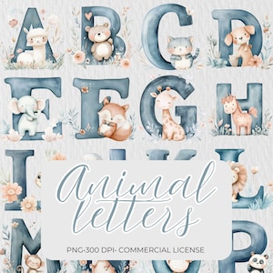 Cute Watercolor Animal Alphabet | School Beginner Clipart Set | Kids Birthday Decor | Kids Classroom Decor | Adorable Animal Letters PNG
