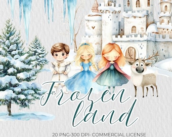 Winter Watercolor Clipart Bundle: Frozen Princess, Snowman PNG (Digital Download)