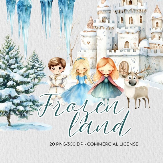 Winter Watercolor Clipart Bundle: Frozen Princess, Snowman PNG (Digital Download)