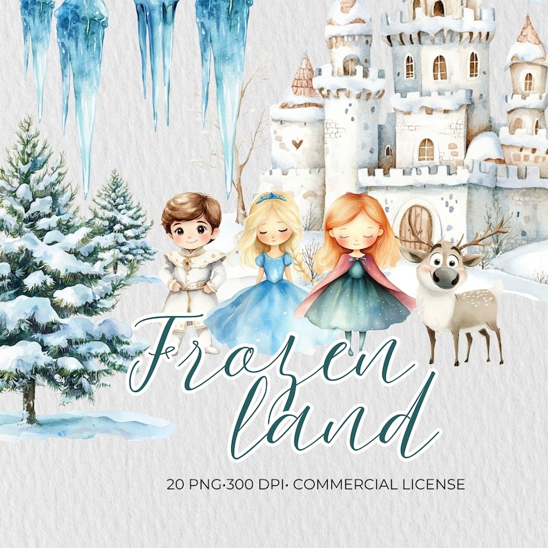 K&ouml;nnte beinhalten: Aquarell-Illustration mit Figuren und einem Schloss aus einer Wintergeschichte. Das Bild zeigt einen Prinzen, zwei Prinzessinnen in blauen Kleidern, ein Rentier und ein schneebedecktes Schloss. Der Text "Frozen Land" ist in t&uuml;rkisgr&uuml;ner Schrift geschrieben.