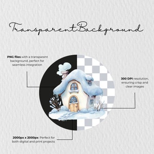 K&ouml;nnte beinhalten: Aquarell-Illustration eines schneebedeckten H&auml;uschens mit Schornstein, Fenstern und Holzt&uuml;r. Das Bild hat einen schwarzen und transparenten Hintergrund, mit dem Text "Transparent Background". Das Bild ist 2000px x 2000px gro&szlig;.
