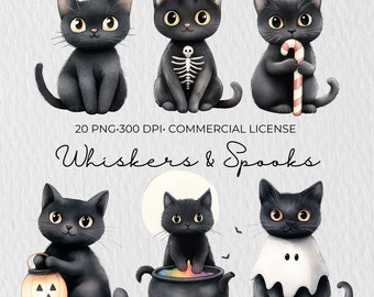 Halloween Katzen Aquarell Clipart: Gruselige Illustrationen (PNG)
