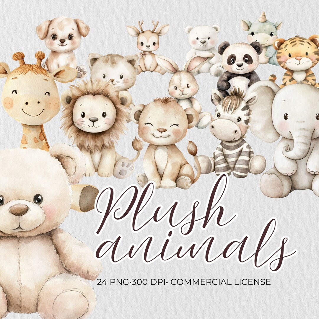 Plush Animals Clipart Set: Watercolor Nursery Art (PNG) - Etsy