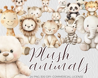 Plush Animals Clipart Set: Watercolor Nursery Art (PNG)