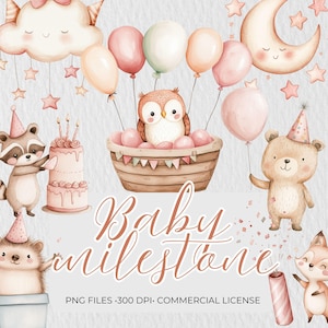 Ensemble de cliparts mensuels pour bébé | Baby shower animaux aquarelle | Oeuvres d'art pour enfants de croissance mensuelle | Anniversaire de bébé PNG | Animaux de la forêt PNG