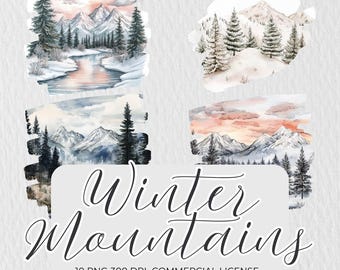Watercolor Winter Mountains Clipart | Watercolor Winter Clipart | Snowy Mountains PNG | Winter Landscape Clipart | Winter Scenery Digital