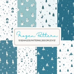 Frozen Digital Papers | Cute Frozen Princess Seamless Pattern | Ice Princess Kids Birthday Party | Snowman Digital Papers | Snowman PNG