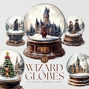 Carino globo di neve della scuola di maghi / Scuola di maghi ad acquerello / Globi di neve PNG / Clipart globo di neve ad acquerello / Adesivo globo di Natale PNG